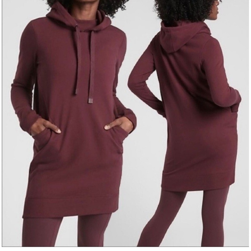 ATHLETA WOMENS BURGUNDY LONG SLEEVE TRIUMPH HOODIE SWEATSHIRT DRESS Sz S Maroon